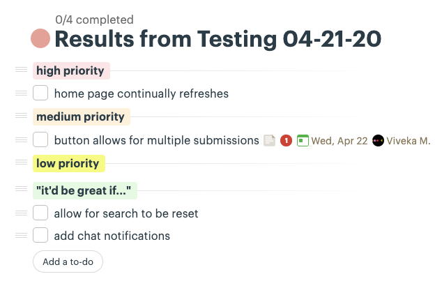 A screenshot of a basecamp to-do list which uses grouping by priority.