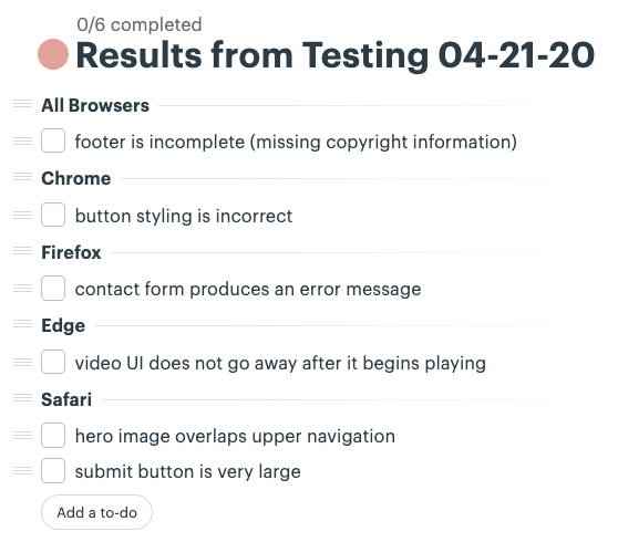 A screenshot of a basecamp to-do list which uses grouping by browser.