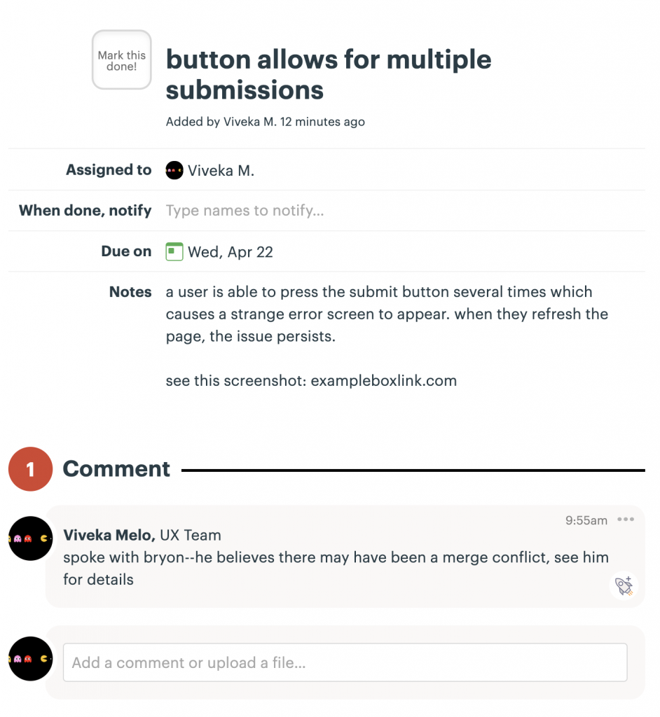 screenshot of an individual basecamp task which includes a succinct title, a detailed notes section, and important updates sent in the comment section